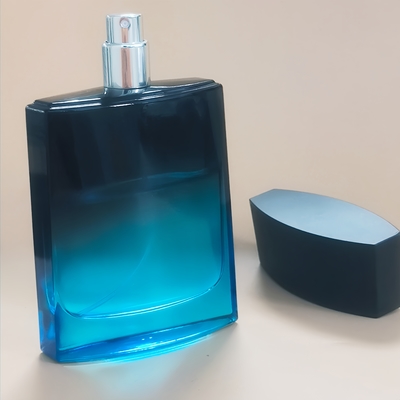 Custom 100ml Vierkante Glas Luxe En Elegante Leeg Parfum Fles Pomp Sproeier Gradient Zwart En Blauw Kleur 15mm Neck