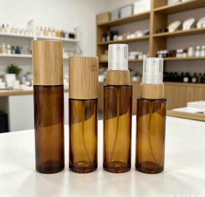 30ml 50ml op maat gemaakte glazen fles met pompdop van bamboe voor cosmetica