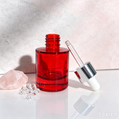 Rode transparante glazen druppelfles, cosmetische serumolie verpakkingsfles met dikke bodem en witte rubberen druppelaar